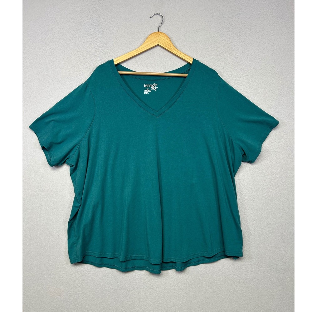 Casual Basic Terra & Sky Womens 4X Teal V-Neck Short Sleeve T-Shirt
